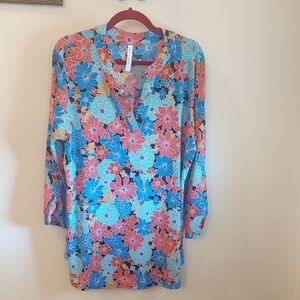 Floral V-Neck Tunic in Blue & Coral